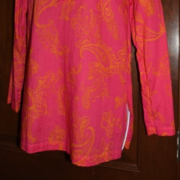 J McLaughlin Hot Pink Paisley Blouse Small V Neck Cotton Boho Tunic Top - Picture 3 of 15